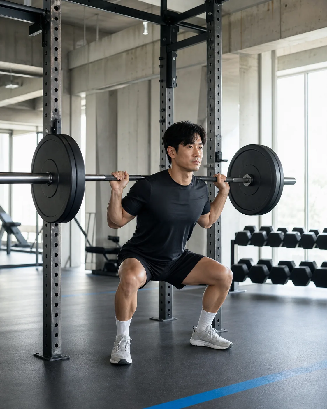 밝은 가상 헬스장에서 바벨 스쿼트를 연습하는 성인