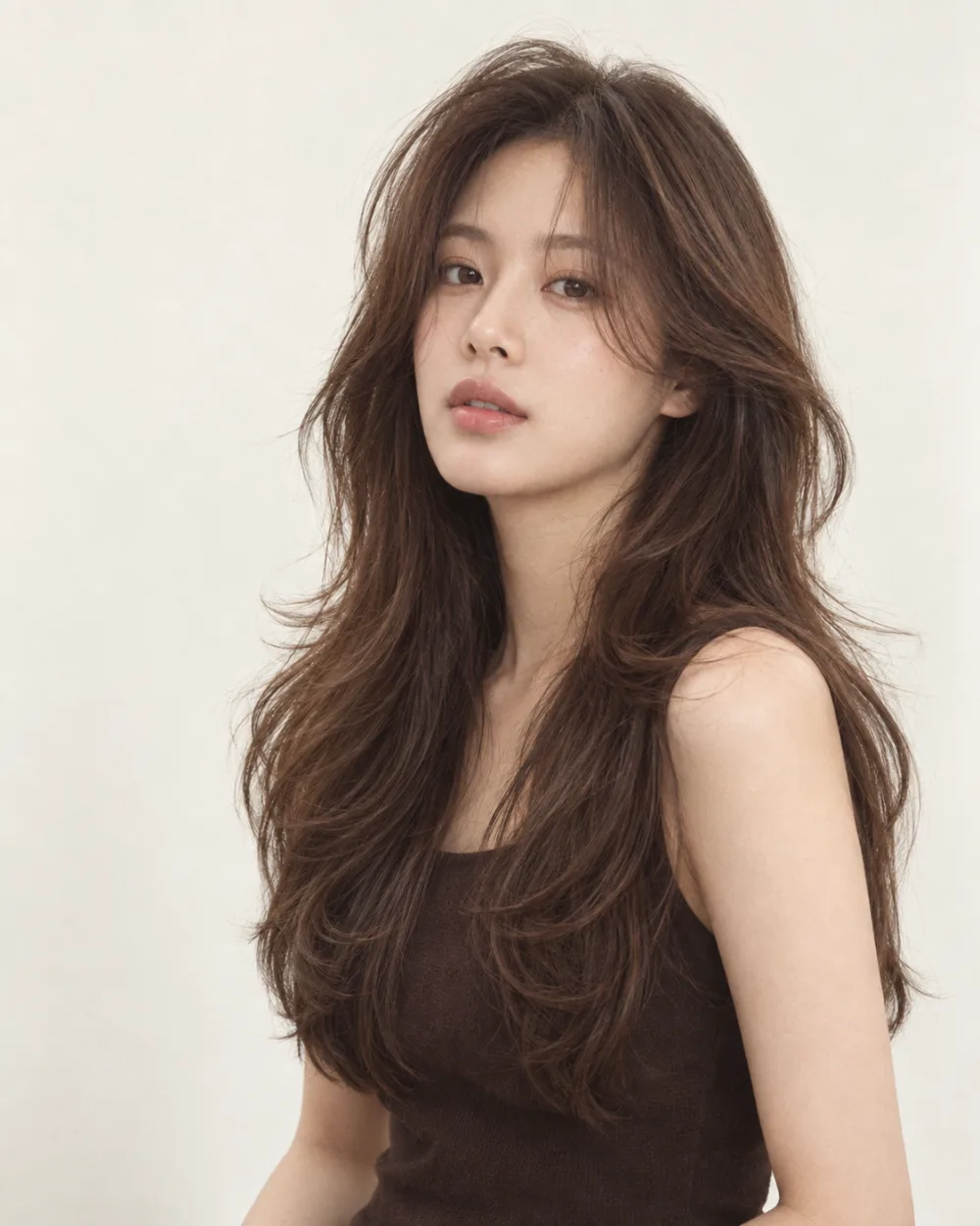 가슴 아래로 부드럽게 흐르는 체스트넛 브라운 레이어드 헤어의 생성 화보