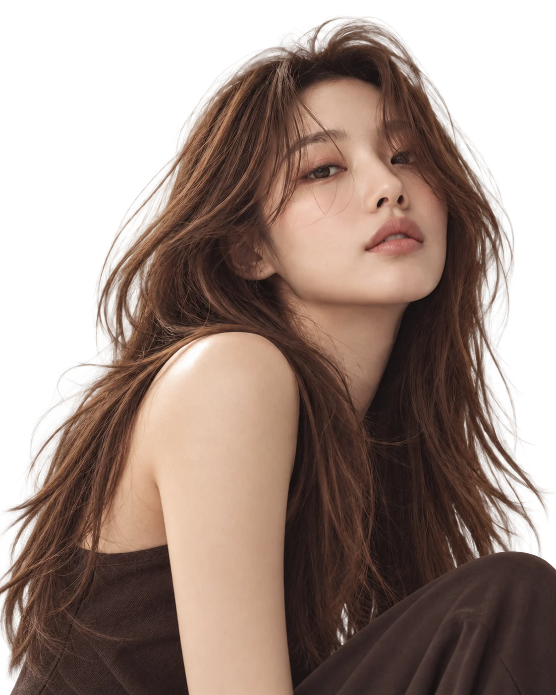 가슴 아래로 부드럽게 흐르는 체스트넛 브라운 레이어드 헤어의 생성 화보