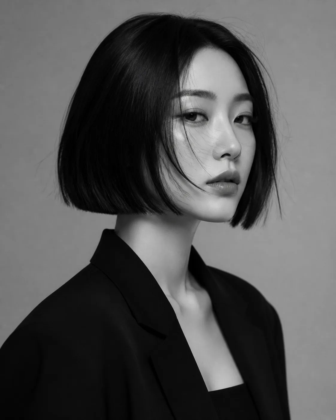 정교한 보브 라인의 샤프 무드 헤어 예시